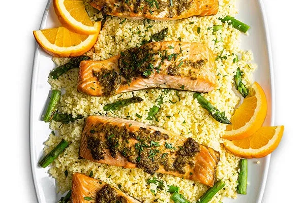 Pesto Salmon with Citrus Asparagus Couscous